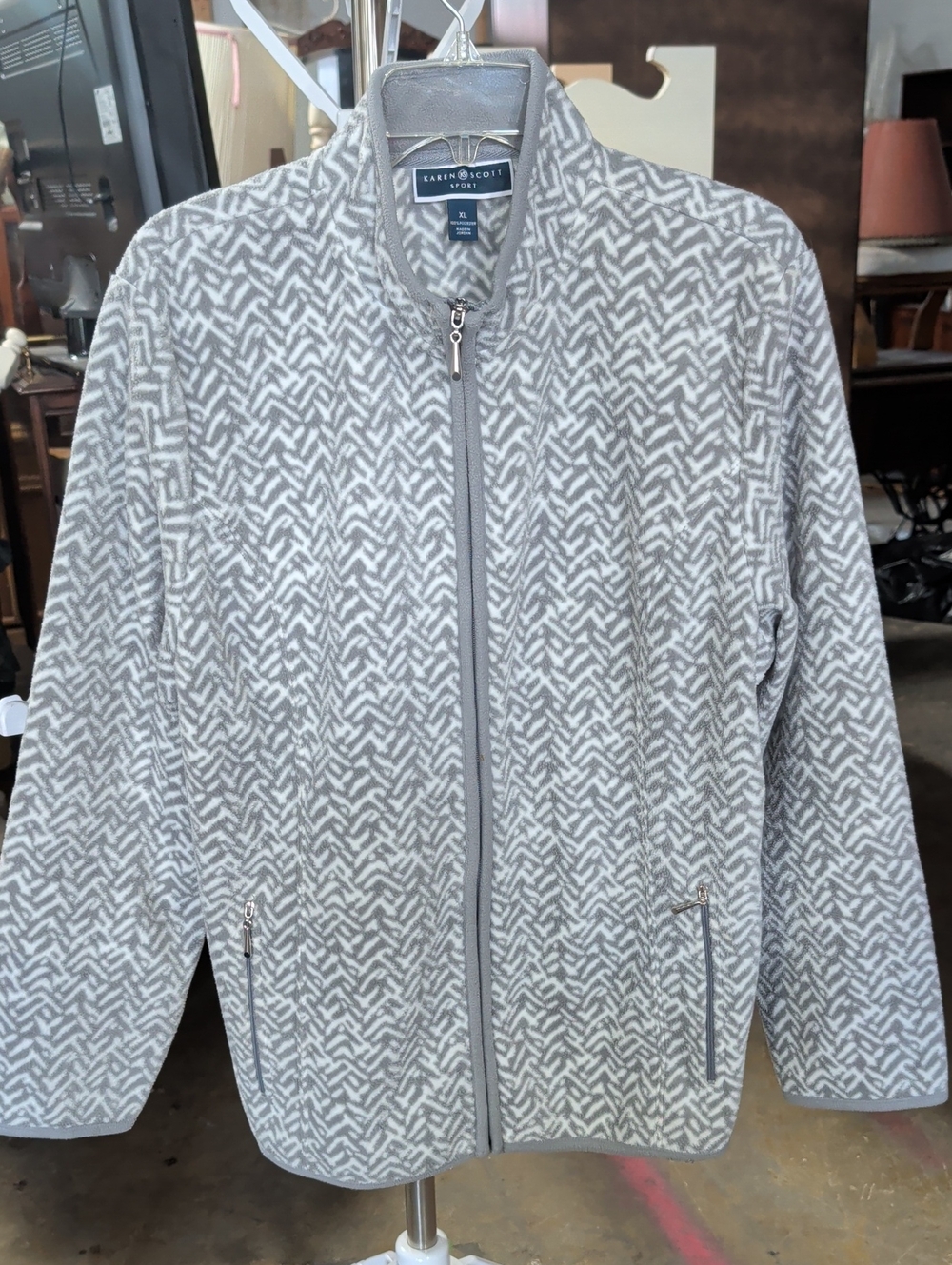 Karen Scott Gray Patterned Full-Zip Teddy Jacket